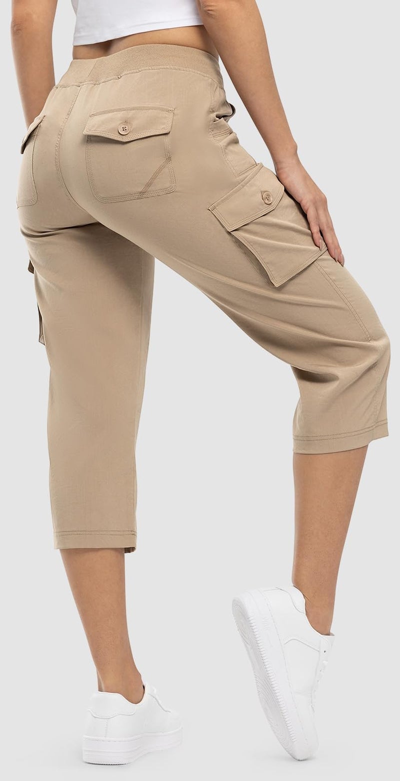Rdruko Women's Cargo Capris Lightweight Quick Dry Hiking Travel Summer Casual Pants with Pockets,Khaki, US L - Image 1