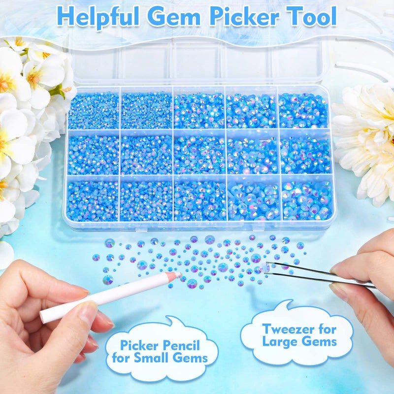 shynek 14000Pcs Flatback Light Blue Rhinestones with B7000 Adhesive Glue for Crafts, AB Color Jelly Rhinestones Resin Gems with Tweezer & Picker Pens for Shoes, Tumblers, Clothes Decoration - Image 5