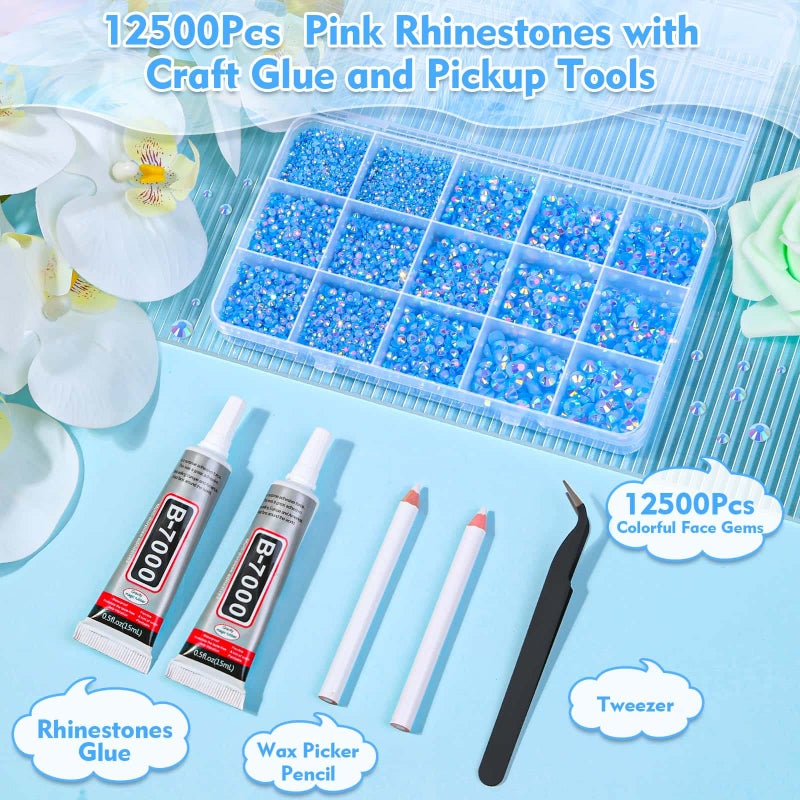 shynek 14000Pcs Flatback Light Blue Rhinestones with B7000 Adhesive Glue for Crafts, AB Color Jelly Rhinestones Resin Gems with Tweezer & Picker Pens for Shoes, Tumblers, Clothes Decoration - Image 2