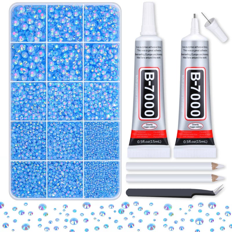 shynek 14000Pcs Flatback Light Blue Rhinestones with B7000 Adhesive Glue for Crafts, AB Color Jelly Rhinestones Resin Gems with Tweezer & Picker Pens for Shoes, Tumblers, Clothes Decoration - Image 1