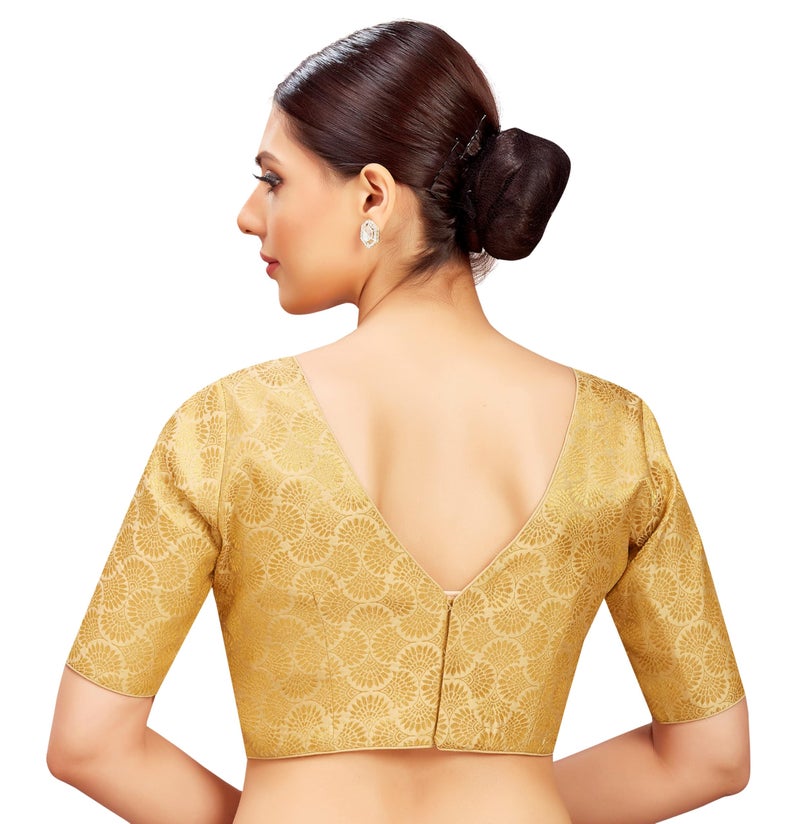 Studio Shringaar Women's Golden Benarsi Brocade V Neck Readymade Saree Blouse (Gold, 36) - Image 2