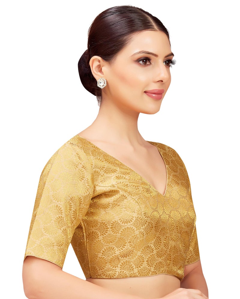 Studio Shringaar Women's Golden Benarsi Brocade V Neck Readymade Saree Blouse (Gold, 36) - Image 4