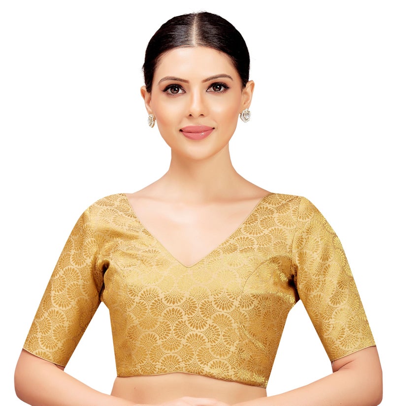 Studio Shringaar Women's Golden Benarsi Brocade V Neck Readymade Saree Blouse (Gold, 36) - Image 1