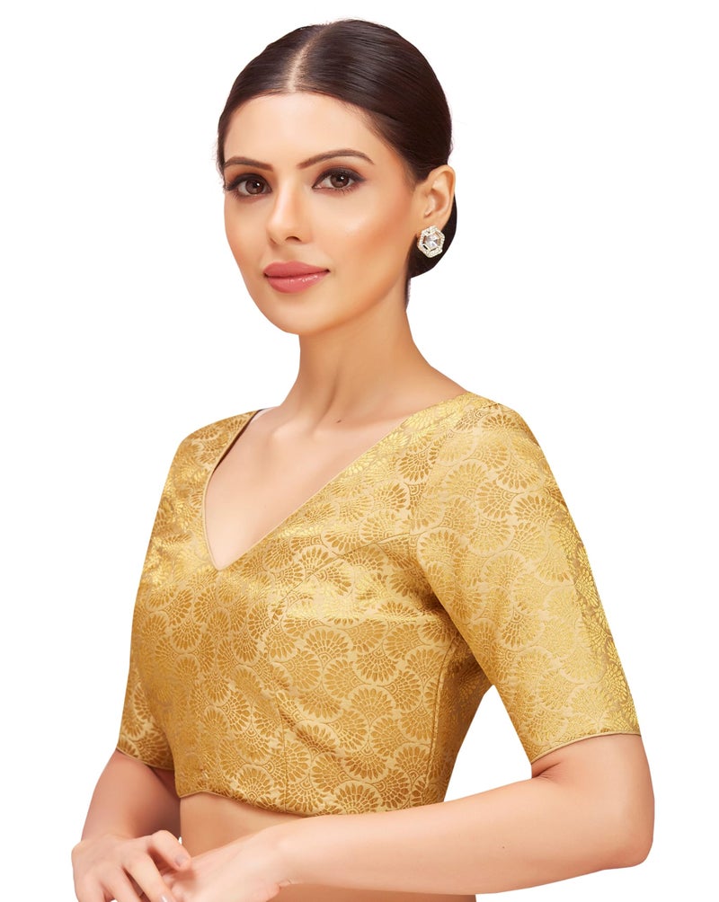 Studio Shringaar Women's Golden Benarsi Brocade V Neck Readymade Saree Blouse (Gold, 36) - Image 3