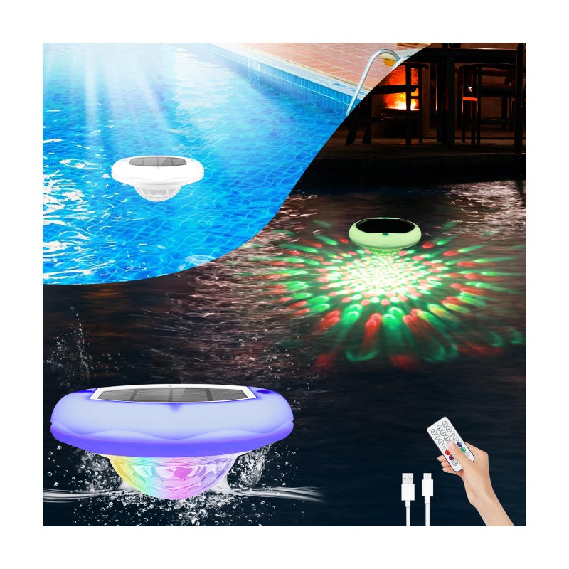 BOXPSII Floating Pool Lights, Solar and USB Rechargeable Pool Lights That Float with Remote, 2600mAh 6.7'' IP68 Waterproof 13 Colors Upper and Lower Glow Hot Tub Light Hangable Solar Light for Garden1 PACK - Image 1