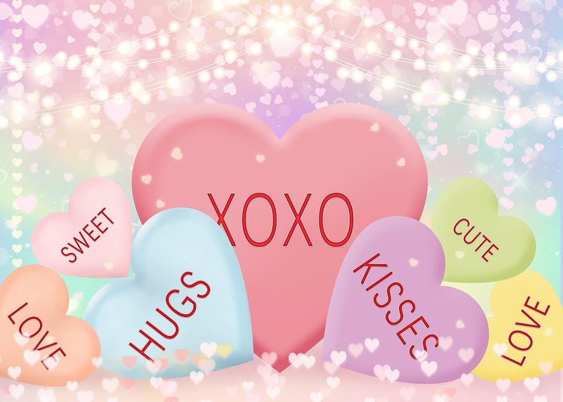 LYCGS 7X5ft Valentine's Day Backdrop Valentine's Day Candy Backdrop Sweethearts Candy Conversation Hearts Backdrop Valentine's Day Party Decoration Banner Valentine's Day Photography Background X-193 - Image 1