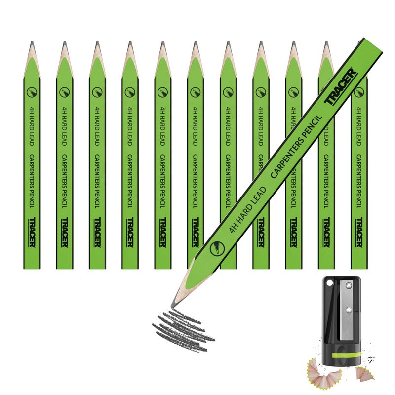 TRACER 4H Carpenters Pencils Hard Lead 12 Pack with Carpenters Pencil Sharpener Carpenters Pencil x 12
