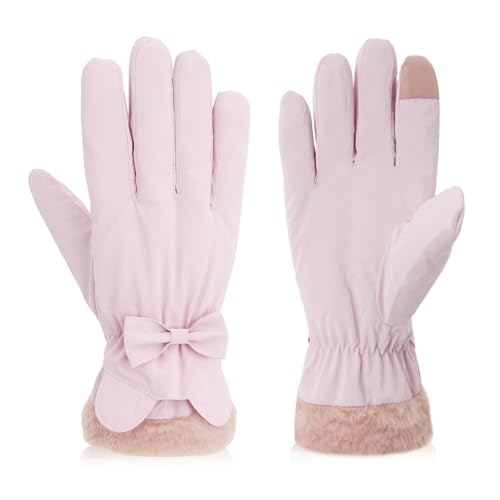 Gustave® Winter Warm Gloves for Women, Elegant Pink Bow Design Mittens, Plush Fleece Lining, Anti-Splash Coating, Touch Screen Compatible, Riding Gloves, Gift for Birthday Christmas - Image 1