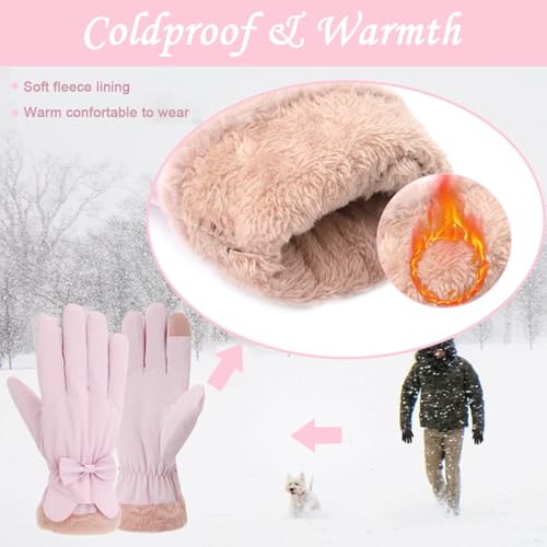 Gustave® Winter Warm Gloves for Women, Elegant Pink Bow Design Mittens, Plush Fleece Lining, Anti-Splash Coating, Touch Screen Compatible, Riding Gloves, Gift for Birthday Christmas - Image 4