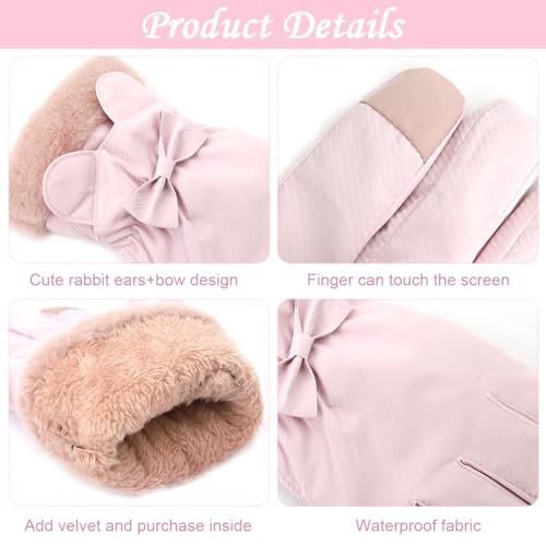 Gustave® Winter Warm Gloves for Women, Elegant Pink Bow Design Mittens, Plush Fleece Lining, Anti-Splash Coating, Touch Screen Compatible, Riding Gloves, Gift for Birthday Christmas - Image 3
