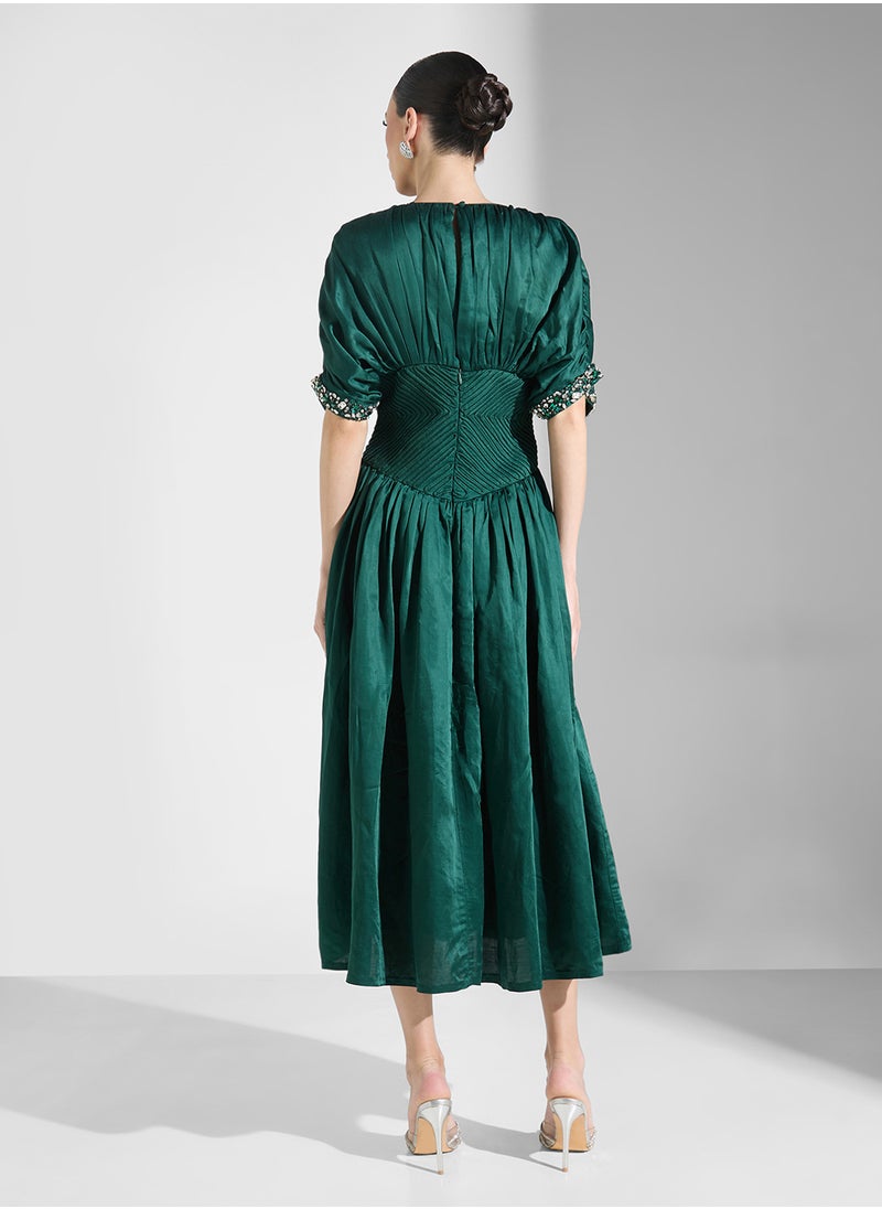 Threadz by Ajooni Satin Embellished Belted Dress  - Image 2