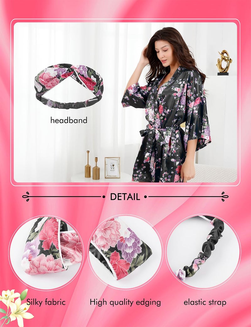 EPLAZA Women Floral Satin Robe Bridal Dressing Gown Wedding Bride Bridesmaid Kimono Sleepwear (Black, Small-Medium) - Image 4