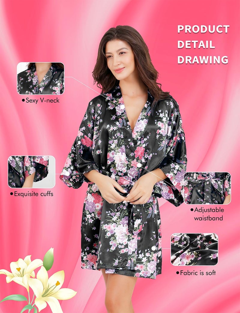 EPLAZA Women Floral Satin Robe Bridal Dressing Gown Wedding Bride Bridesmaid Kimono Sleepwear (Black, Small-Medium) - Image 3
