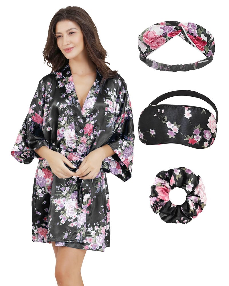 EPLAZA Women Floral Satin Robe Bridal Dressing Gown Wedding Bride Bridesmaid Kimono Sleepwear (Black, Small-Medium) - Image 1