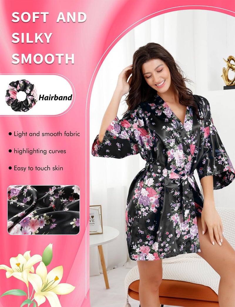 EPLAZA Women Floral Satin Robe Bridal Dressing Gown Wedding Bride Bridesmaid Kimono Sleepwear (Black, Small-Medium) - Image 2