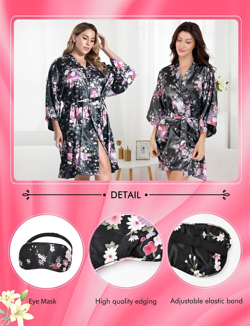 EPLAZA Women Floral Satin Robe Bridal Dressing Gown Wedding Bride Bridesmaid Kimono Sleepwear (Black, Small-Medium) - Image 5