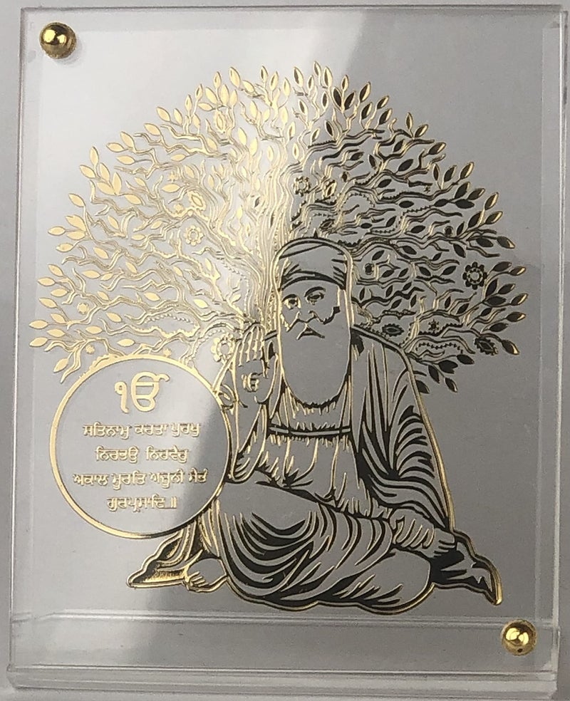 shree kreations Gold Plated Tree of Life Gurunanak Ji's Frames Showpiece on Acrylic Stand for Car Dashboard, Home, Office Table. 9.5 cm X 7.5 cm, Rectangular, Tabletop - Image 4