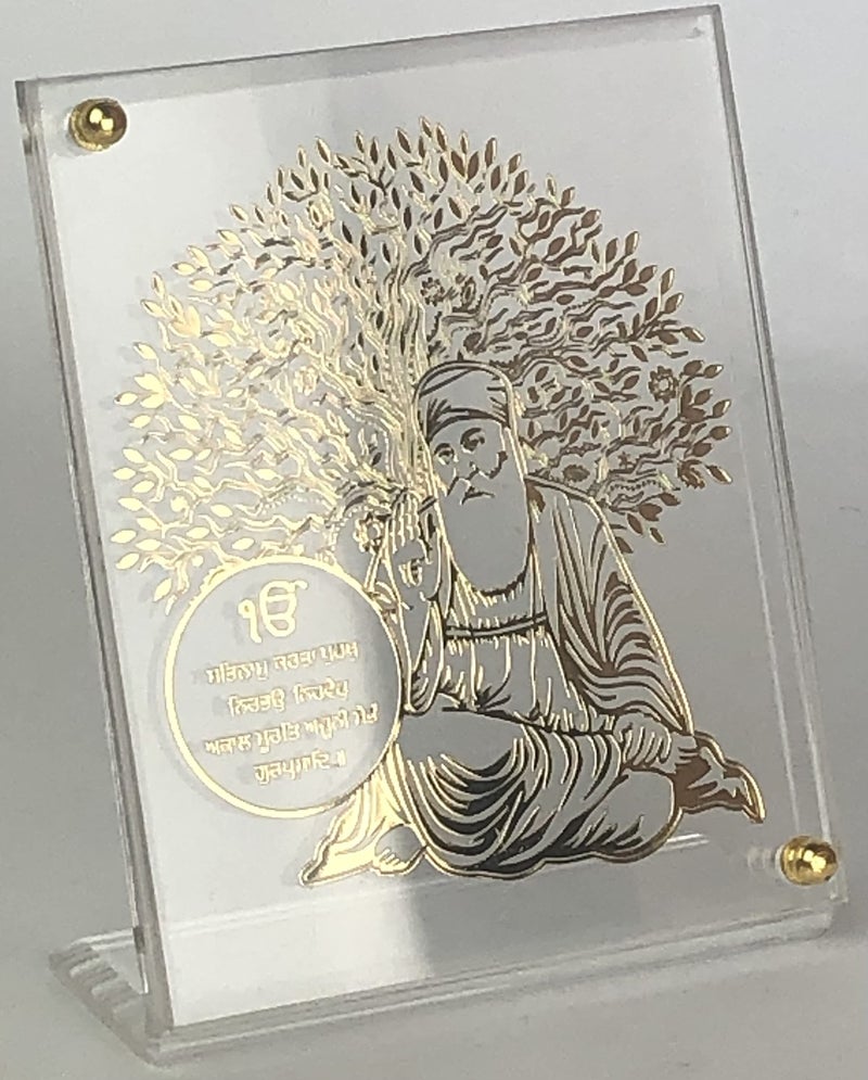 shree kreations Gold Plated Tree of Life Gurunanak Ji's Frames Showpiece on Acrylic Stand for Car Dashboard, Home, Office Table. 9.5 cm X 7.5 cm, Rectangular, Tabletop - Image 2