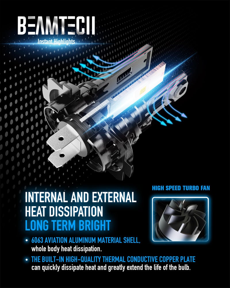 BEAMTECH H7 Light Bulb, No Adapter Need High Speed Fan 6500K Xenon White H7 Bulbs or Fog Lights Pack of 2 - Image 4