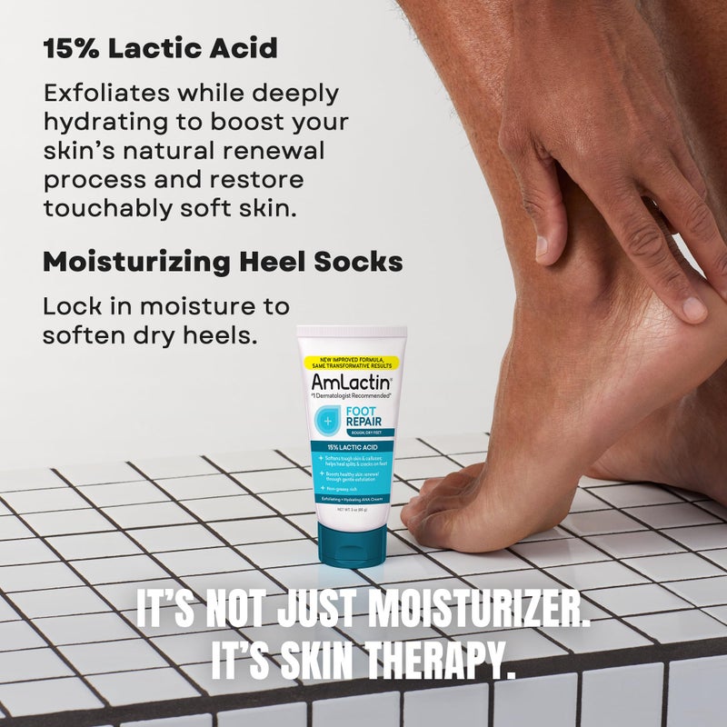 AmLactin Foot Repair Cream with Moisturizing Socks - Therapeutic Foot Cream for Dry Cracked Heels and Feet - No-Scrub Exfoliator and Moisturizer with 15% Lactic Acid AHA - 3 oz (Packaging May Vary)â€‹ - Image 3