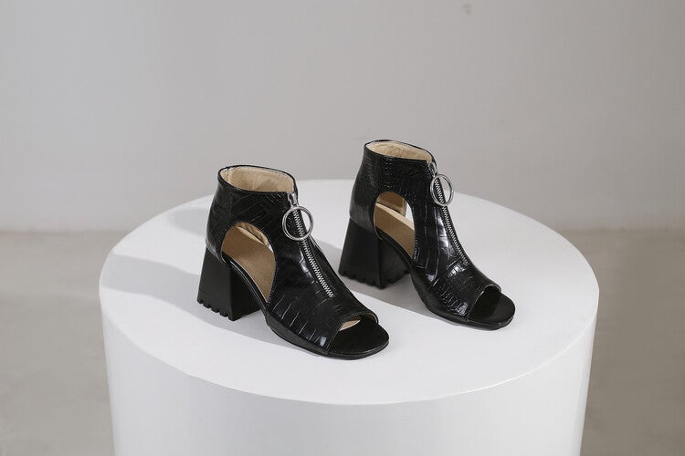 Front Zipper Sandals 2023 Chunky Heel Fishmouth Women'S Hollow Large Size Solid Color Sandals - Image 2
