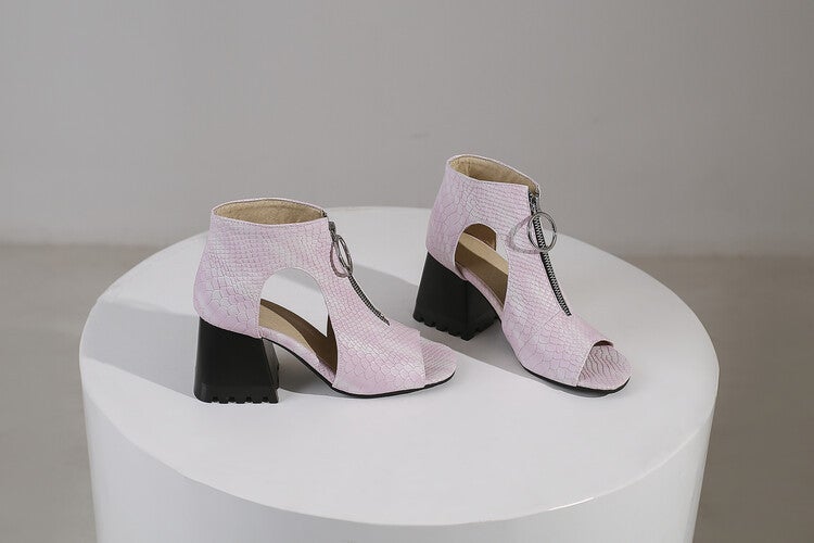 Front Zipper Sandals 2023 Chunky Heel Fishmouth Women'S Hollow Large Size Solid Color Sandals - Image 5