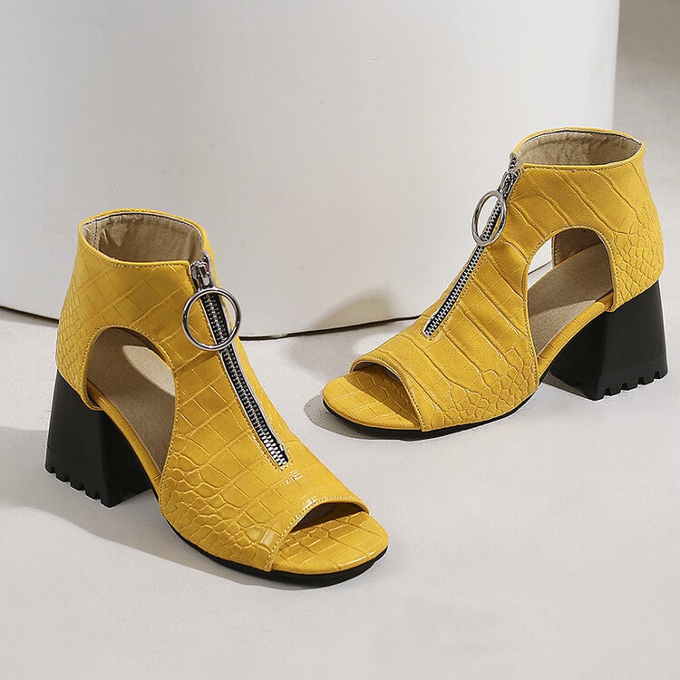 Front Zipper Sandals 2023 Chunky Heel Fishmouth Women'S Hollow Large Size Solid Color Sandals - Image 1