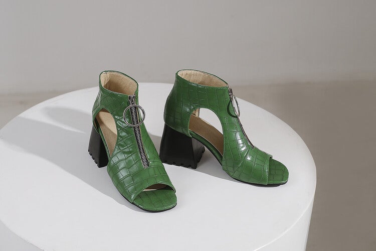 Front Zipper Sandals 2023 Chunky Heel Fishmouth Women'S Hollow Large Size Solid Color Sandals - Image 4