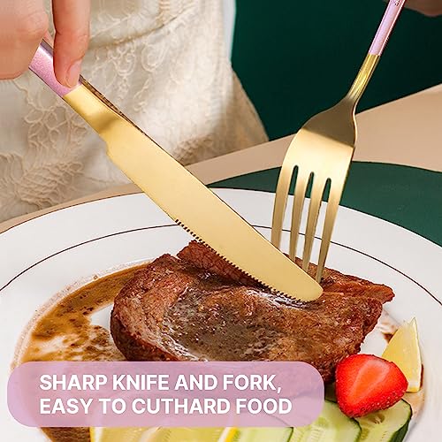 Caliamary 24 Pieces Flatware Set, Caliamary Stainless Steel Flatware Set with Silverware Holder Spoons Forks Knives,Utensils Set Service for 6,Gold Mirror Polished and Matte Pink Painted (Pink)… - Image 5
