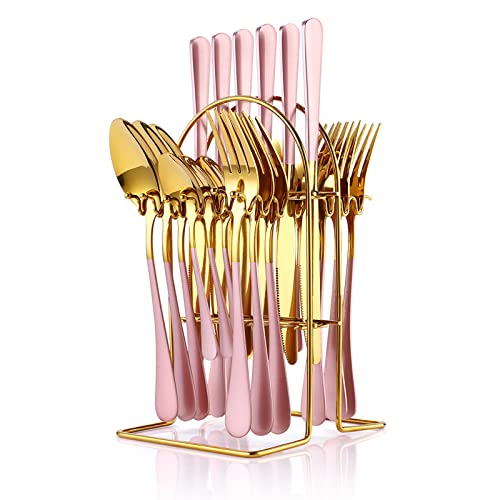 Caliamary 24 Pieces Flatware Set, Caliamary Stainless Steel Flatware Set with Silverware Holder Spoons Forks Knives,Utensils Set Service for 6,Gold Mirror Polished and Matte Pink Painted (Pink)… - Image 1