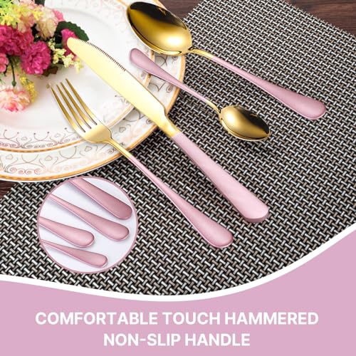 Caliamary 24 Pieces Flatware Set, Caliamary Stainless Steel Flatware Set with Silverware Holder Spoons Forks Knives,Utensils Set Service for 6,Gold Mirror Polished and Matte Pink Painted (Pink)… - Image 2