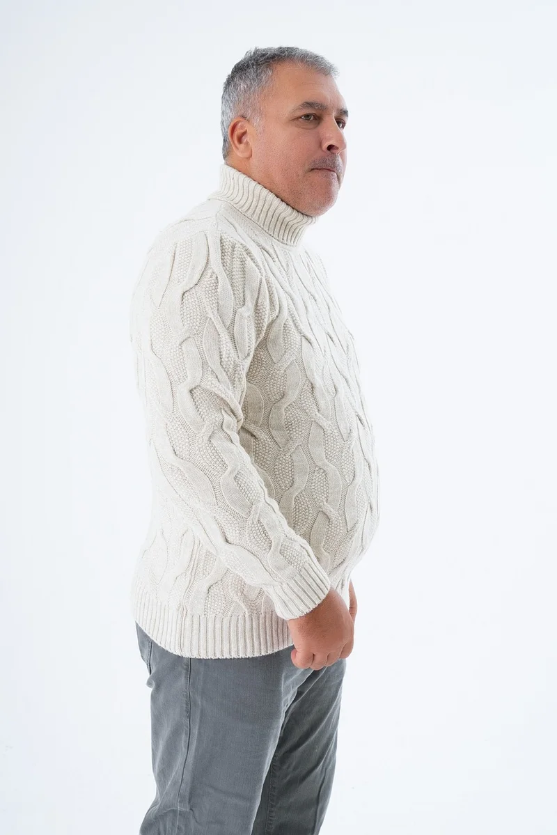 Trist Star Large Size Men's Beige Turtleneck Brass Hair Knitted Wool Sweater Knitted Sweater TRIST-2118