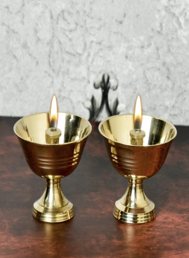 Bhimonee Decor | Pure Brass Salaidar Nanda Pyali Table Diya | 1.75-Inch Traditional Oil Lamp | Handcrafted Deepak for Home Temple, Pooja & Festive Decor | Antique Brass Finish | Pack of 2 - Image 1