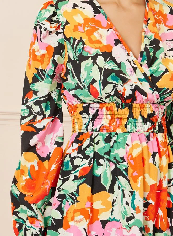 ستايلي Floral Print Gathered Waist A-Line Midi Dress