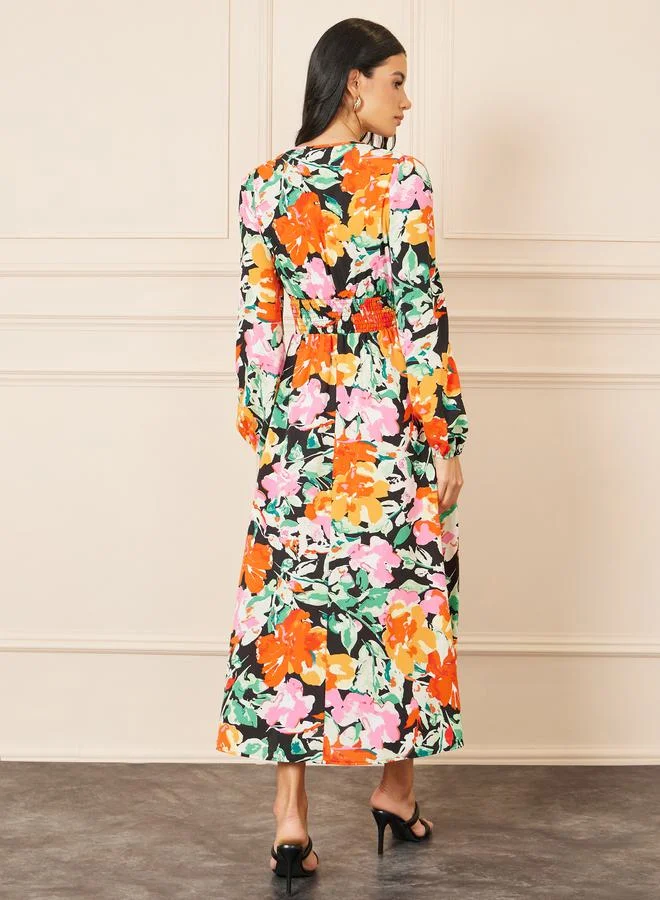 ستايلي Floral Print Gathered Waist A-Line Midi Dress