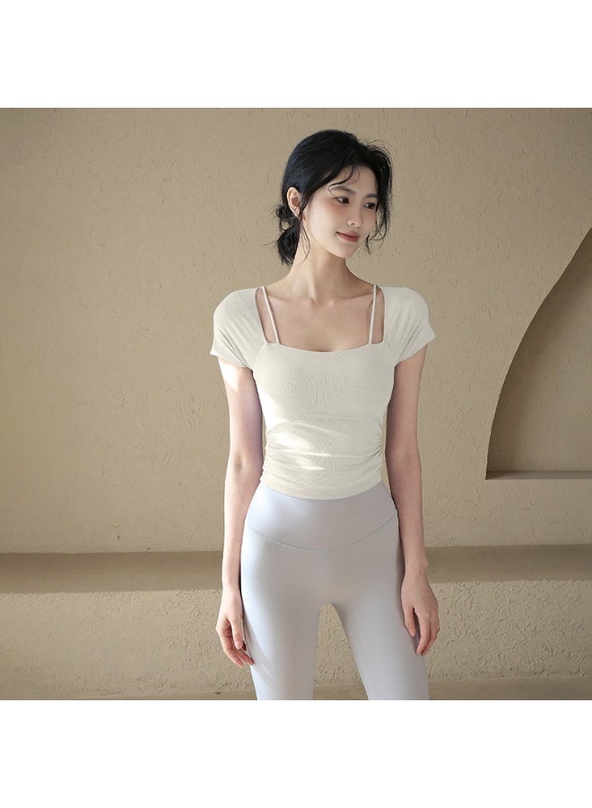 Spring Summer  With Chest Pad Pleated Slim Yoga Fitness Women Sports T-Shirt - Image 1