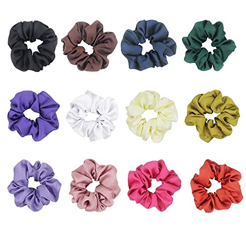 Belicia Satin Hair Scrunchies Elastic Hair Ties Pack of 12pcs Solid Color Hair Bobbles Soft Elastic Rubber Band Women Ponytail Holders Accessories - Image 1