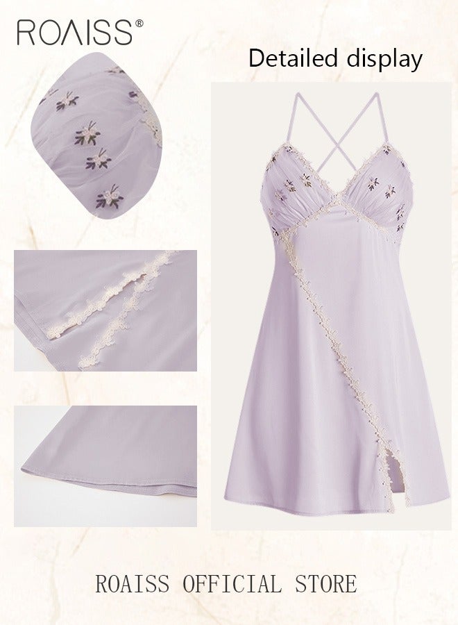 رويس طقم ملابس نوم نسائي من قطعتين، طقم قميص نوم من الساتان بفتحة ظهر وصدّام أمامي، ملابس منزلية صيفية خفيفة الوزن برقبة على شكل V، بيجامة مريحة ومطاطية وقابلة للتنفس، لون أرجواني - Image 3