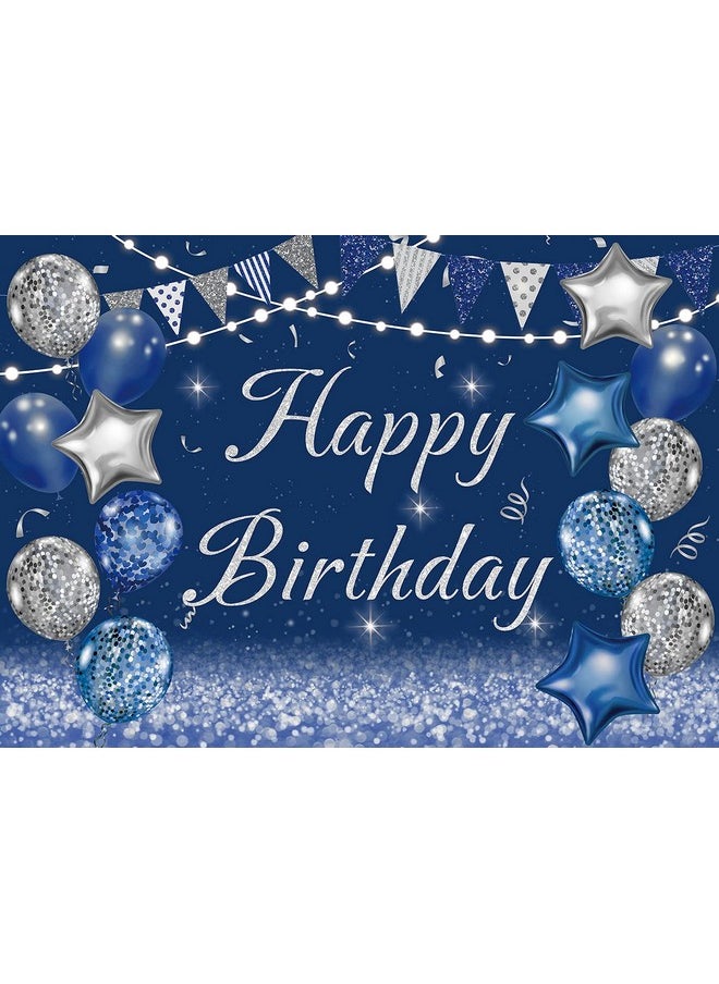 Cenven Yy Navy Blue Happy Birthday Backdrop Silver Glitter Balloons Star Flag Sequins Background Adult Men Women Party Decoration Cake Table Photo Booth (8X6Ft(Width 240Cm X Height 180Cm) Blue)  - Image 2