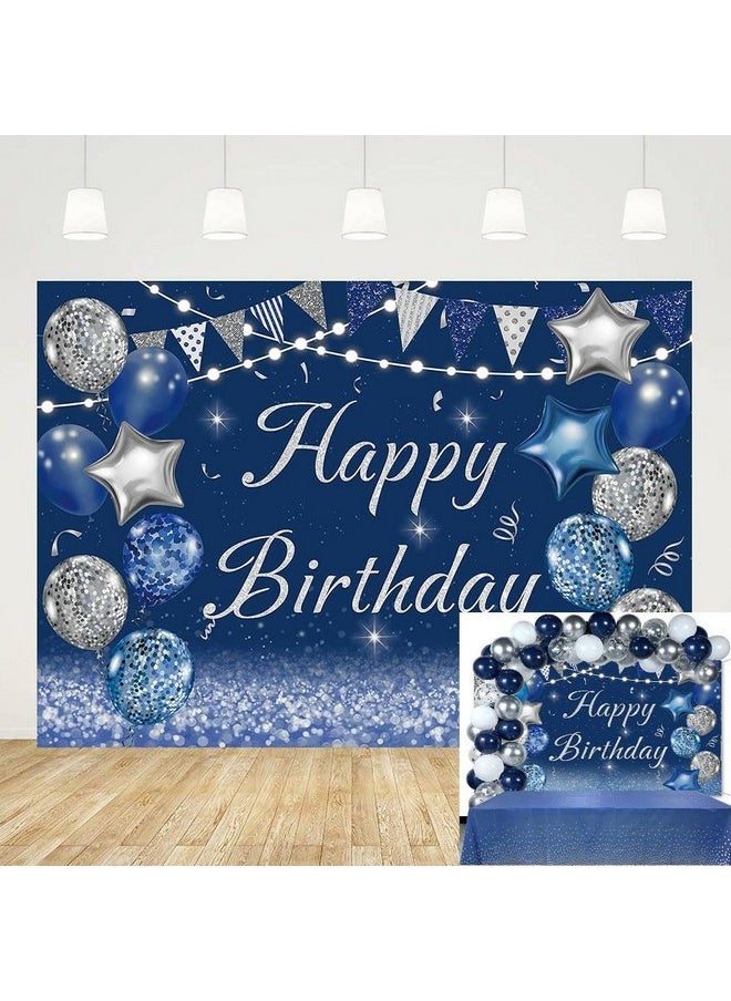 Cenven Yy Navy Blue Happy Birthday Backdrop Silver Glitter Balloons Star Flag Sequins Background Adult Men Women Party Decoration Cake Table Photo Booth (8X6Ft(Width 240Cm X Height 180Cm) Blue)  - Image 1