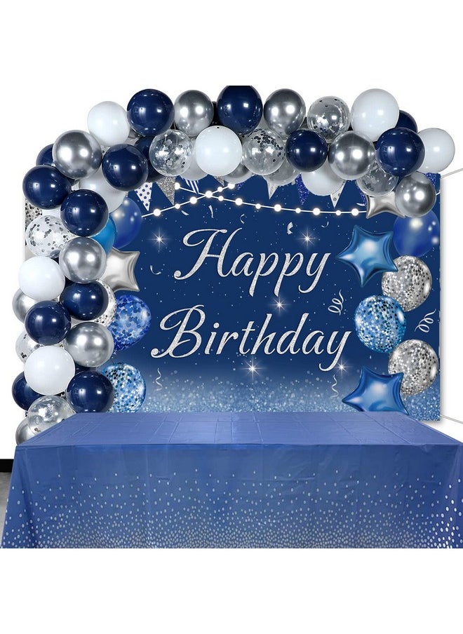 Cenven Yy Navy Blue Happy Birthday Backdrop Silver Glitter Balloons Star Flag Sequins Background Adult Men Women Party Decoration Cake Table Photo Booth (8X6Ft(Width 240Cm X Height 180Cm) Blue)  - Image 4