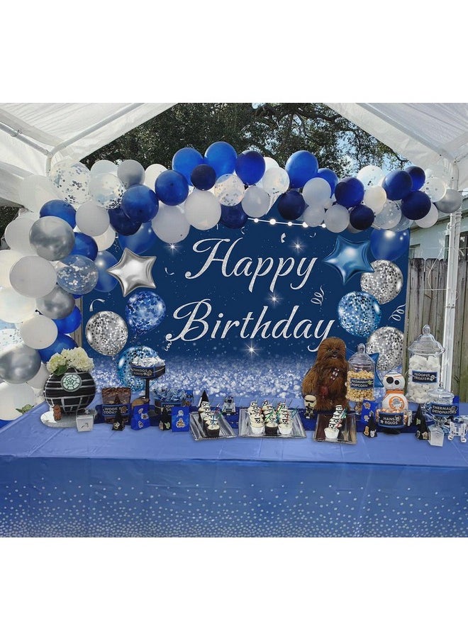 Cenven Yy Navy Blue Happy Birthday Backdrop Silver Glitter Balloons Star Flag Sequins Background Adult Men Women Party Decoration Cake Table Photo Booth (8X6Ft(Width 240Cm X Height 180Cm) Blue)  - Image 5