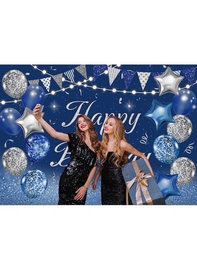 Cenven Yy Navy Blue Happy Birthday Backdrop Silver Glitter Balloons Star Flag Sequins Background Adult Men Women Party Decoration Cake Table Photo Booth (8X6Ft(Width 240Cm X Height 180Cm) Blue)  - Image 3
