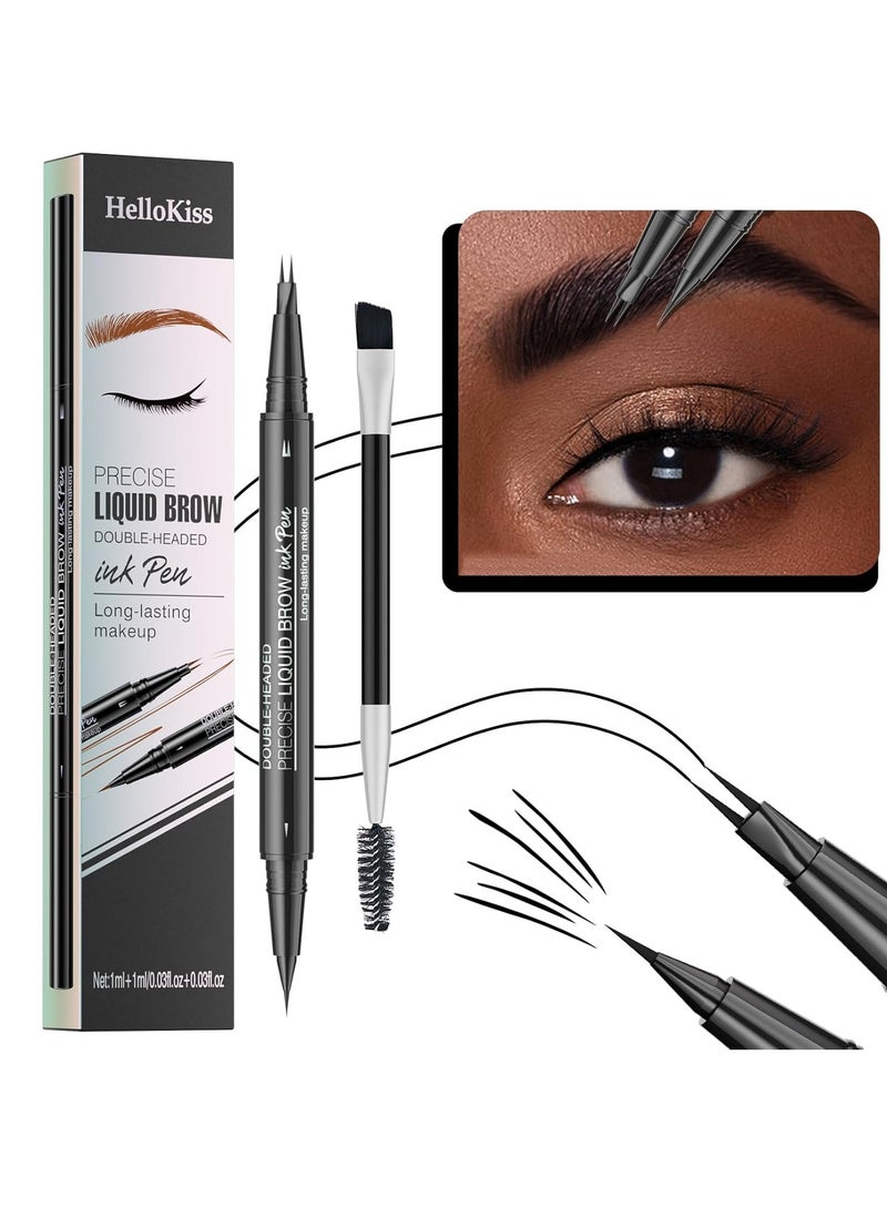 HelloKiss قلم حواجب سائل دقيق مع فرشاة رأس مزدوجة 2 طرف قلم حواجب ميكروبليدنج قلم حواجب منحني ، قلم عين مقاوم للماء يدوم طويلاً لون أسود 05 - Image 1