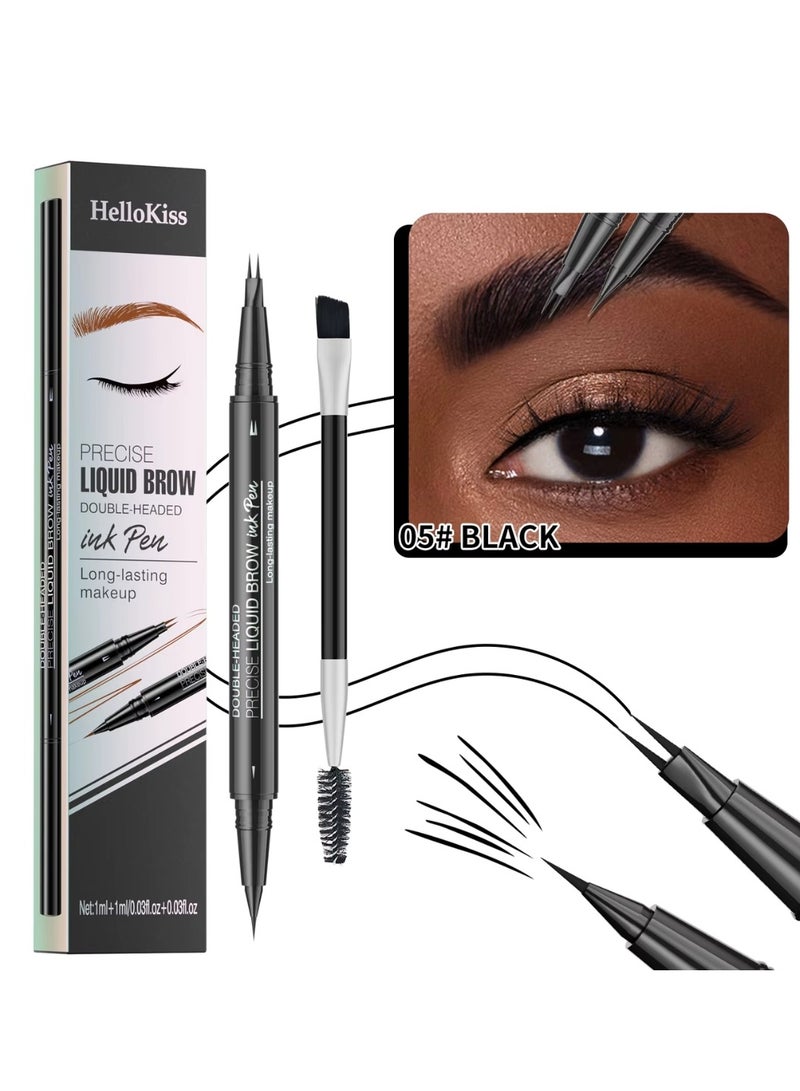 HelloKiss قلم حواجب سائل دقيق مع فرشاة رأس مزدوجة 2 طرف قلم حواجب ميكروبليدنج قلم حواجب منحني ، قلم عين مقاوم للماء يدوم طويلاً لون أسود 05 - Image 2