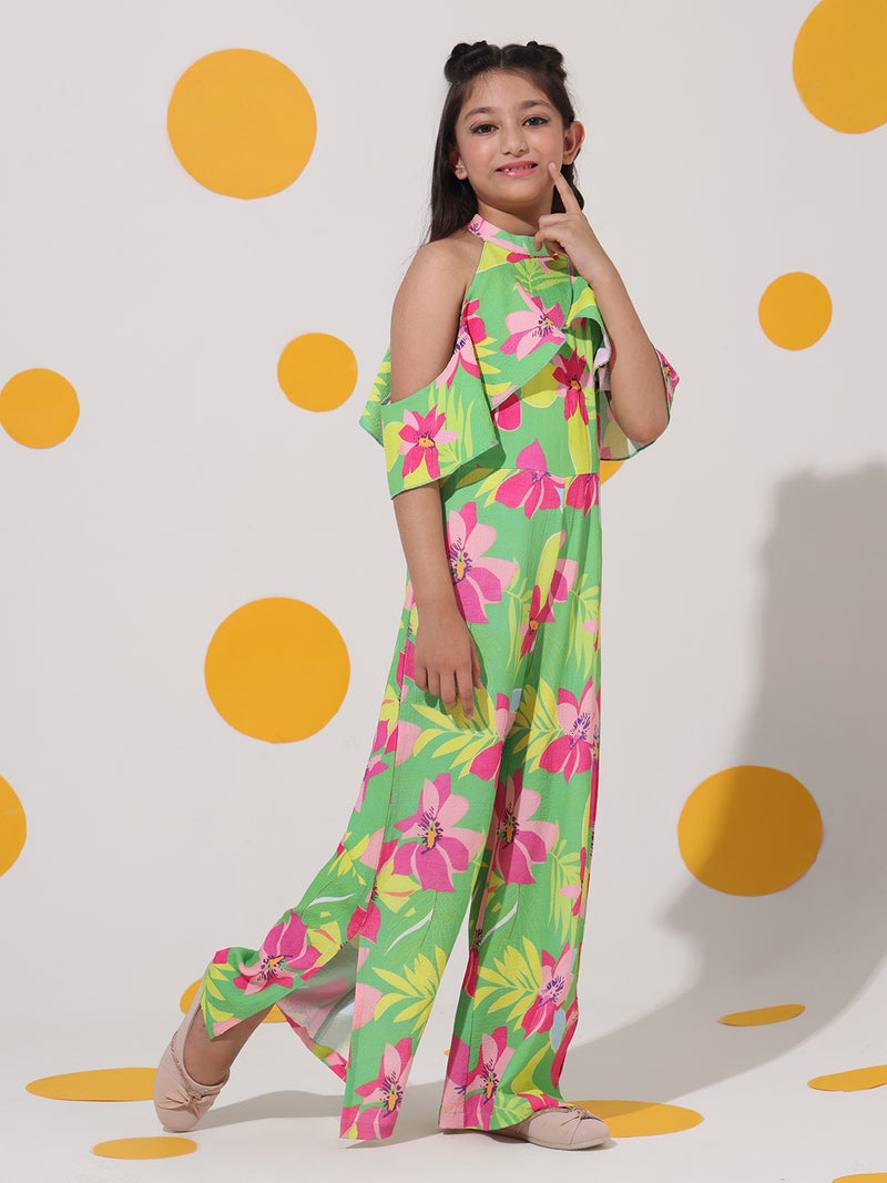 شيري أند جيري جمبسوت بناتي أخضر بطبعة كرز وجيري من قماش السيرساكر كامل الطول - Image 1