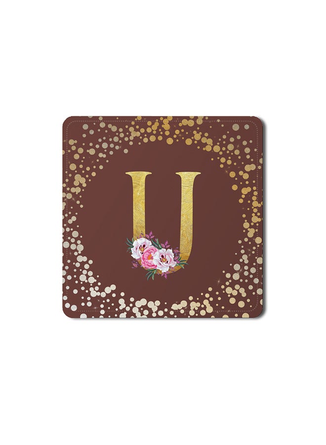 Stylizedd 2 Pack Designer Leather Coasters Mat for Beverage Drinks- Custom Monogram Initial Letter Floral Pattern Alphabet - U (Brown) - Image 1