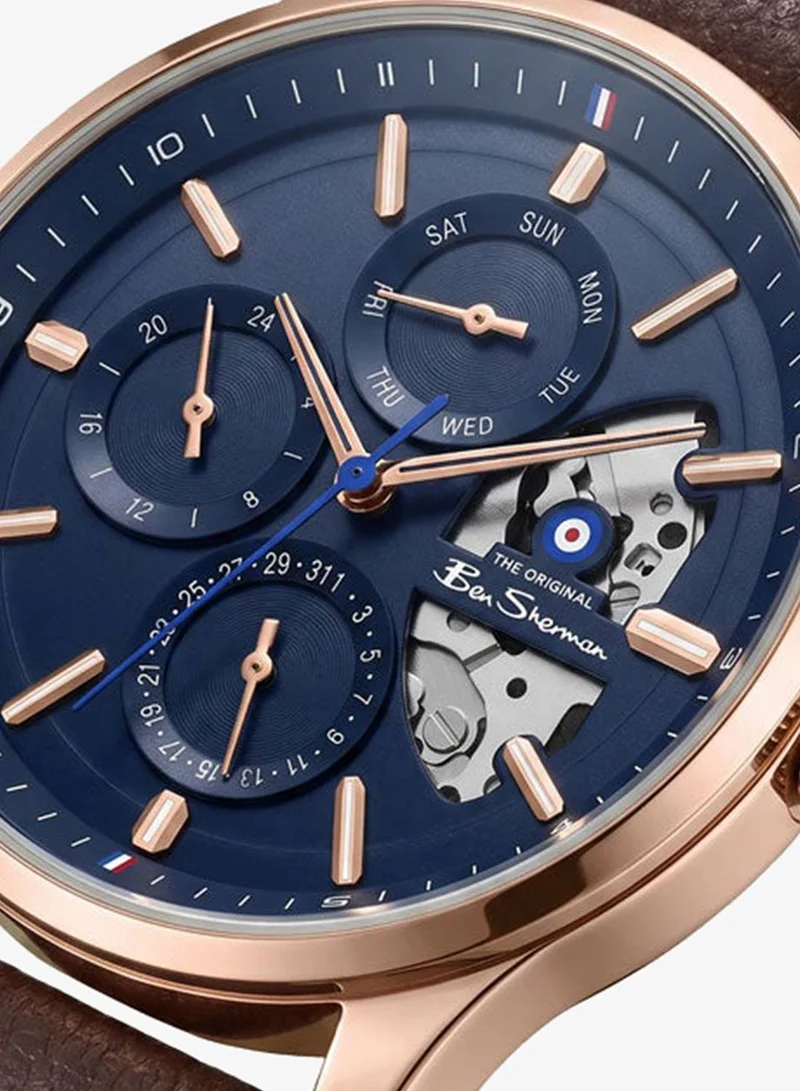 Ben Sherman St Albans Blue Dial Brown Genuine Leather Strap Multifunction Watch for Men, 43.5mm