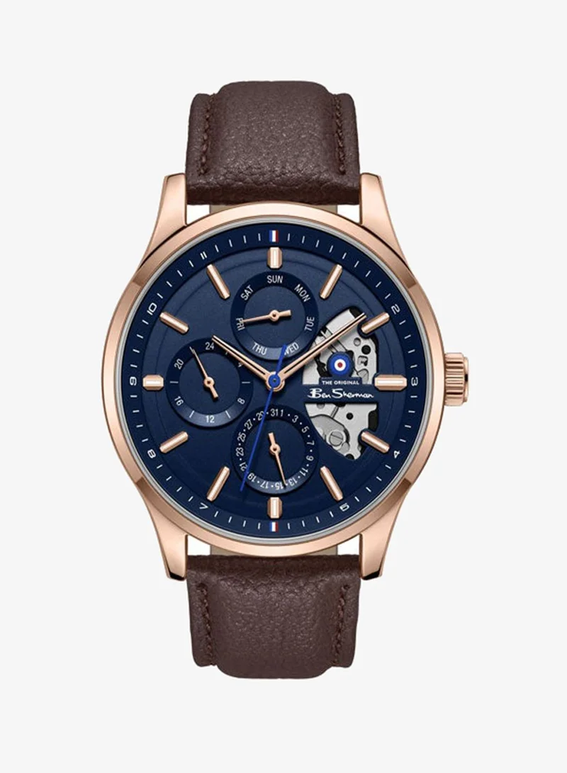 Ben Sherman St Albans Blue Dial Brown Genuine Leather Strap Multifunction Watch for Men, 43.5mm