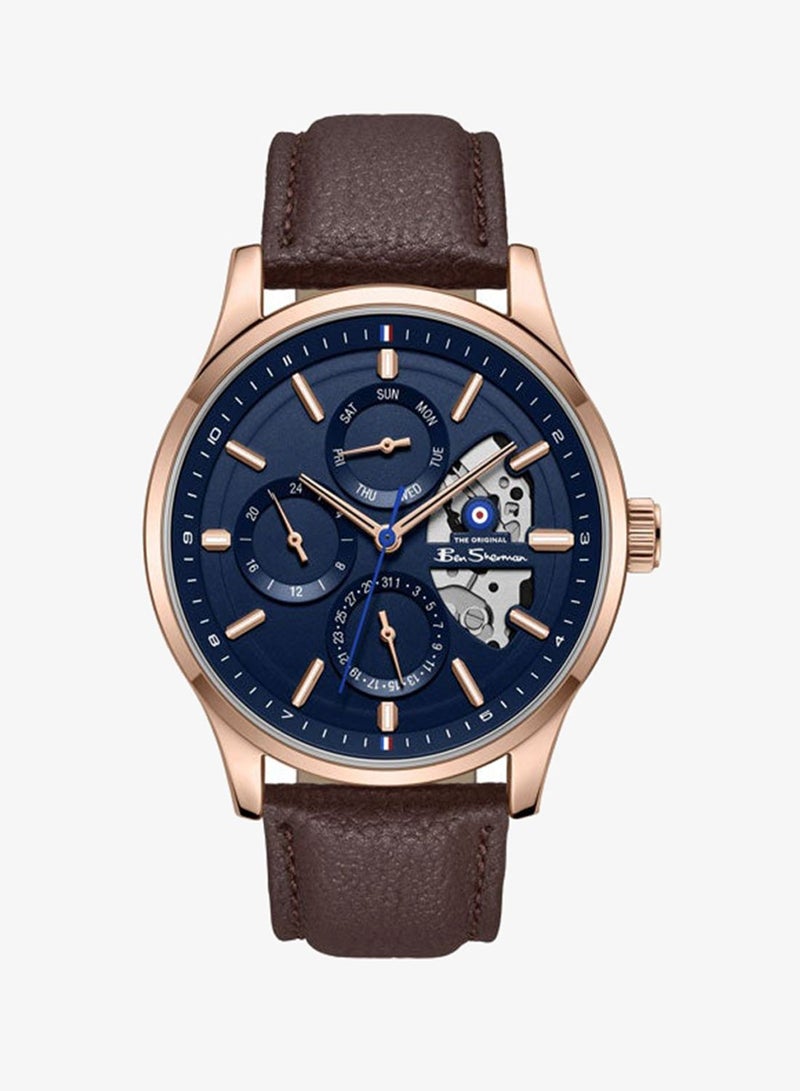 Ben Sherman St Albans Blue Dial Brown Genuine Leather Strap Multifunction Watch for Men, 43.5mm - Image 1